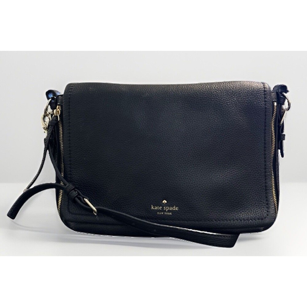 Kate Spade New York Black Pebbled Leather Large Crossbody Tassel Zip Gold Logo